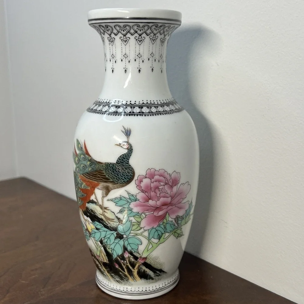 Vintage Jingdezhen Porcelain Vase Peacock Peony Flower Poem Export 8